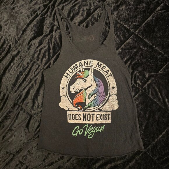 Two VEGAN Tank Tops Muscle Tee Humane Meat Does Not Exist Unicorn Set of 2 Lot - Picture 2 of 6